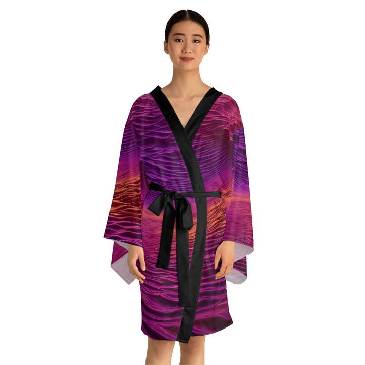 Crimson Waves Twilight - Long Sleeve Kimono Robe - All Over Prints - g(0D·IO) - XS - Black -