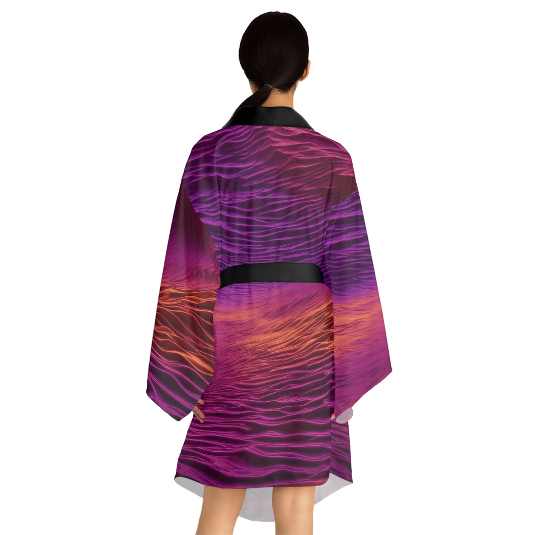 Crimson Waves Twilight - Long Sleeve Kimono Robe - All Over Prints - g(0D·IO) - XS - Black -