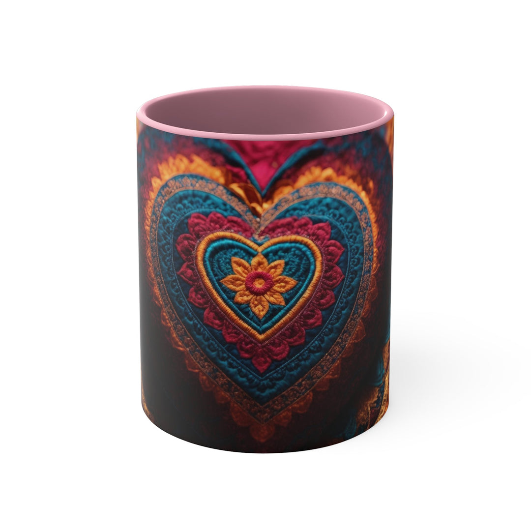 Embroidered Textile Heart - Accent Coffee Mug - Mug - g(0D·IO) - Pink - 11oz -