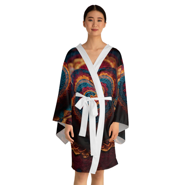 Embroidered Textile Heart - Long Sleeve Kimono Robe - All Over Prints - g(0D·IO) - XS - Black -