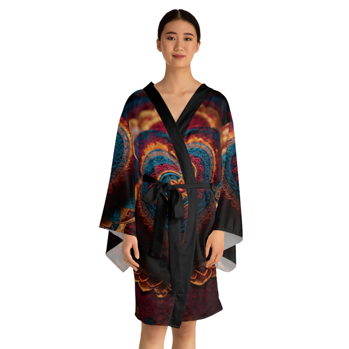 Embroidered Textile Heart - Long Sleeve Kimono Robe - All Over Prints - g(0D·IO) - XS - Black -