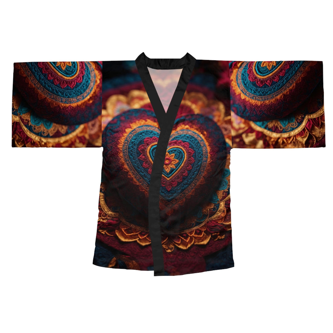 Embroidered Textile Heart - Long Sleeve Kimono Robe - All Over Prints - g(0D·IO) - XS - Black -