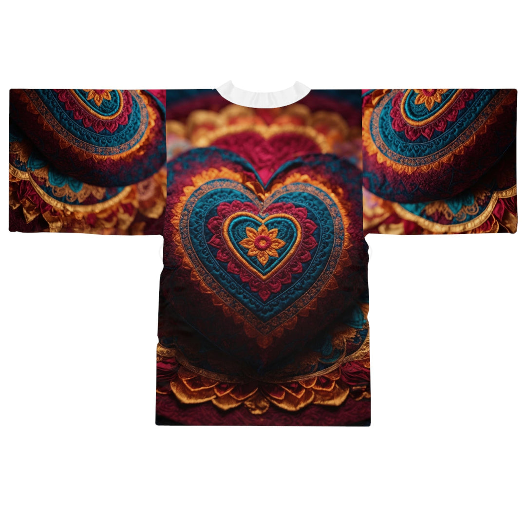 Embroidered Textile Heart - Long Sleeve Kimono Robe - All Over Prints - g(0D·IO) - XS - Black -