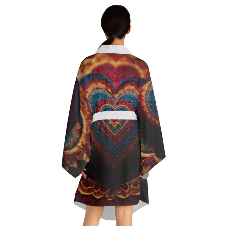 Embroidered Textile Heart - Long Sleeve Kimono Robe - All Over Prints - g(0D·IO) - XS - Black -