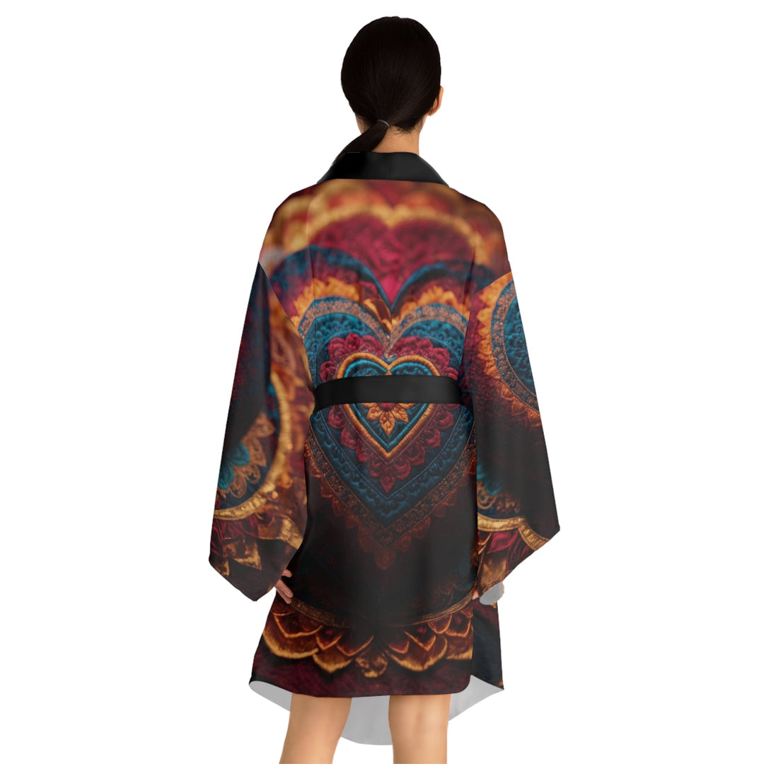 Embroidered Textile Heart - Long Sleeve Kimono Robe - All Over Prints - g(0D·IO) - XS - Black -