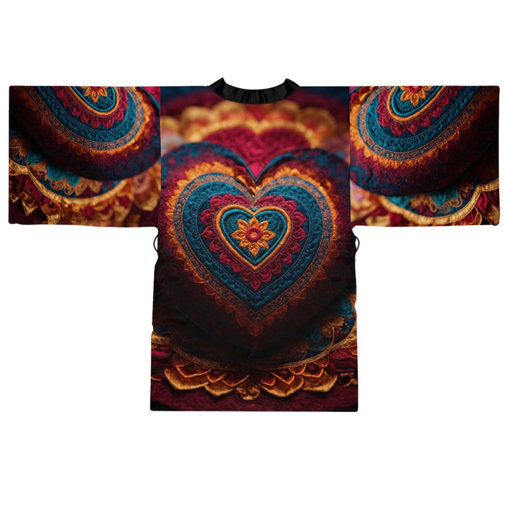 Embroidered Textile Heart - Long Sleeve Kimono Robe - All Over Prints - g(0D·IO) - XS - Black -