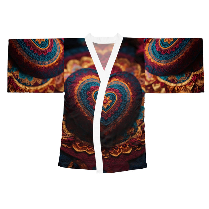 Embroidered Textile Heart - Long Sleeve Kimono Robe - All Over Prints - g(0D·IO) - XS - White -