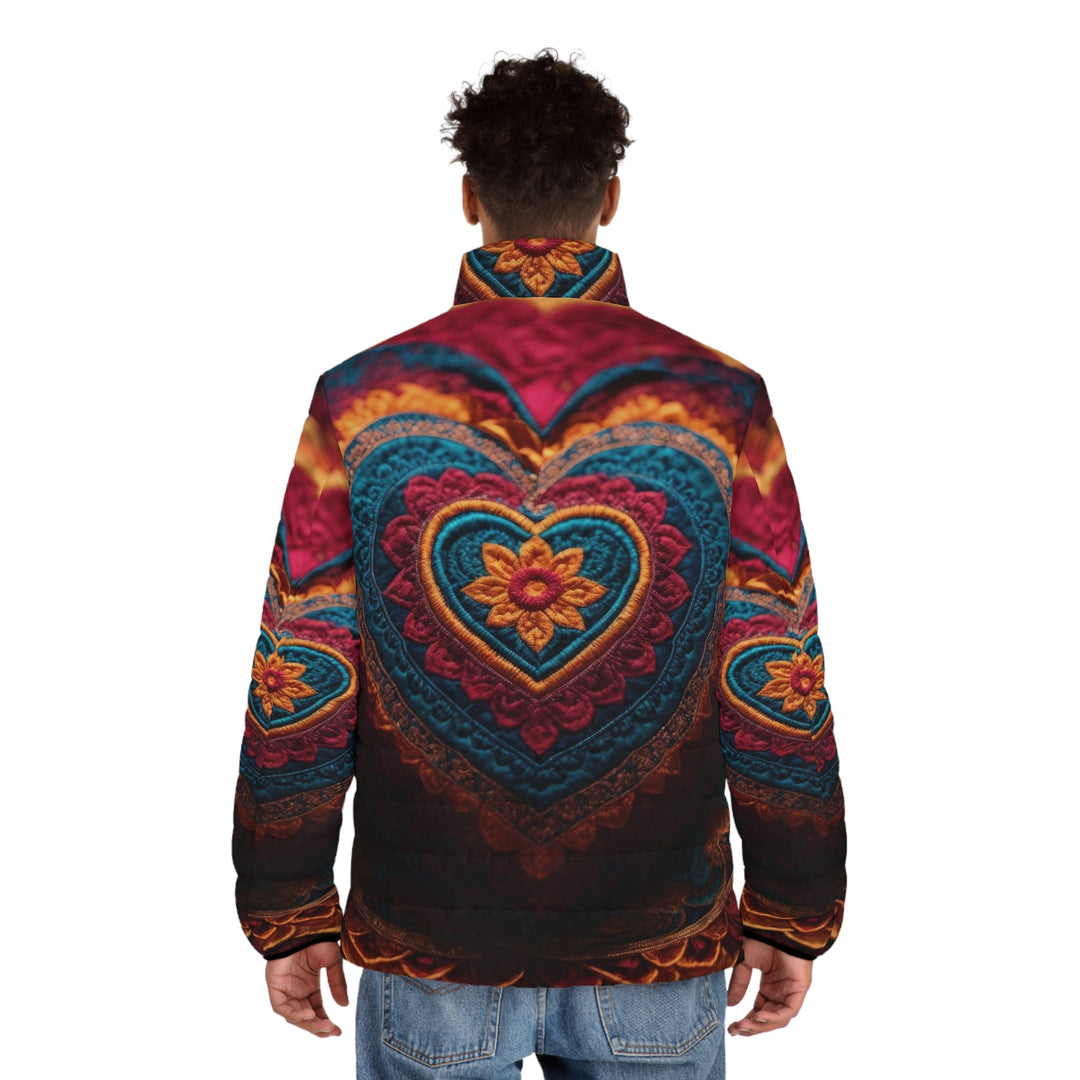 Embroidered Textile Heart - Puffer Jacket - All Over Prints - g(0D·IO) - S - Black zipper -