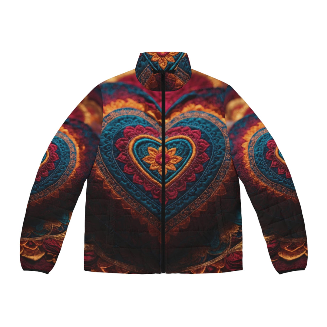 Embroidered Textile Heart - Puffer Jacket - All Over Prints - g(0D·IO) - S - Black zipper -