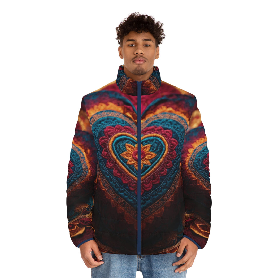 Embroidered Textile Heart - Puffer Jacket - All Over Prints - g(0D·IO) - S - Black zipper -