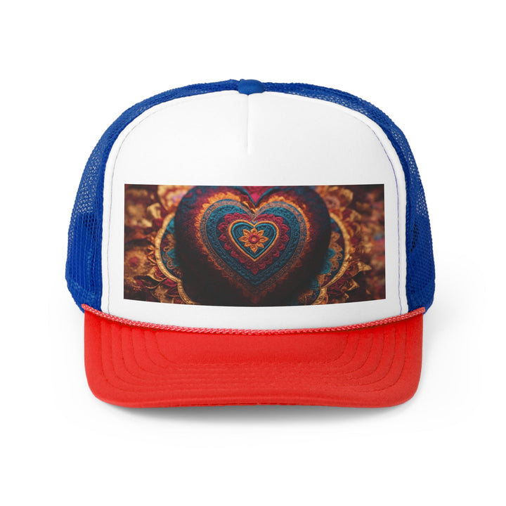 Embroidered Textile Heart - Trucker Hat - Hats - g(0D·IO) - Blue/Red - One size -