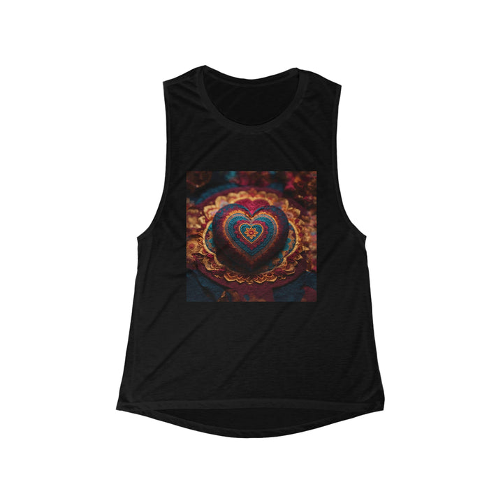 Embroidered Textile Heart - Women's Flowy Scoop Muscle Tank - Tank Top - g(0D·IO) - S - Black -