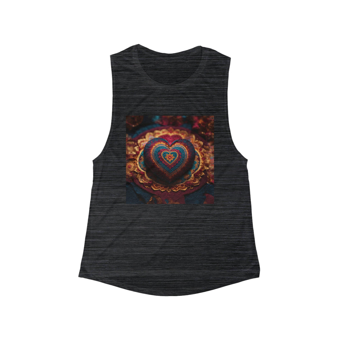 Embroidered Textile Heart - Women's Flowy Scoop Muscle Tank - Tank Top - g(0D·IO) - S - Black Slub -