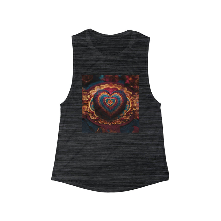 Embroidered Textile Heart - Women's Flowy Scoop Muscle Tank - Tank Top - g(0D·IO) - S - Black Slub -