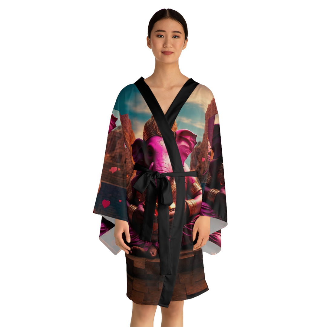 Enchanted Elephant Evening - Long Sleeve Kimono Robe - All Over Prints - g(0D·IO) - XS - Black -