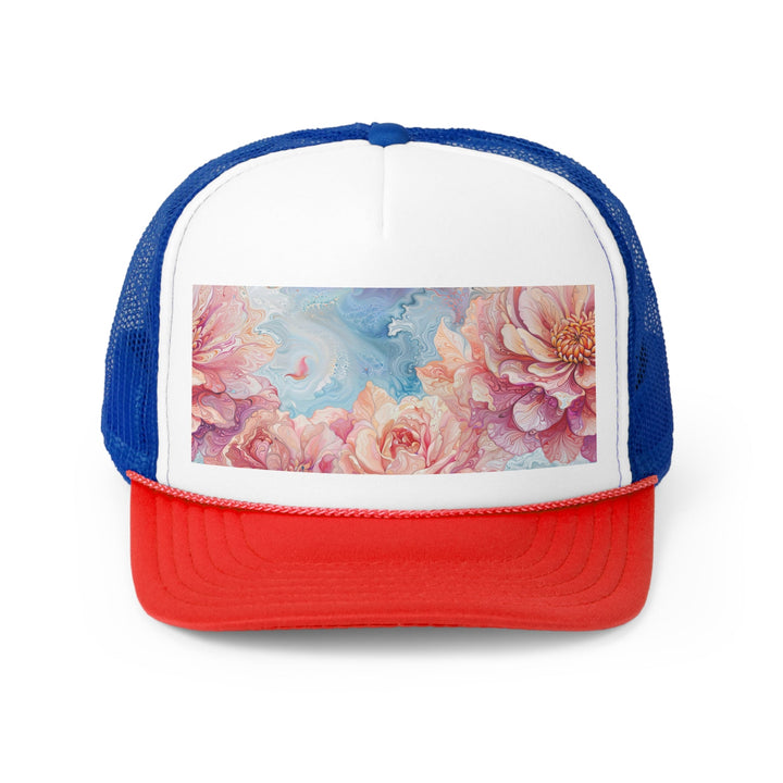 Ethereal Floral Whirl - Trucker Hat - Hats - g(0D·IO) - Blue/Red - One size -