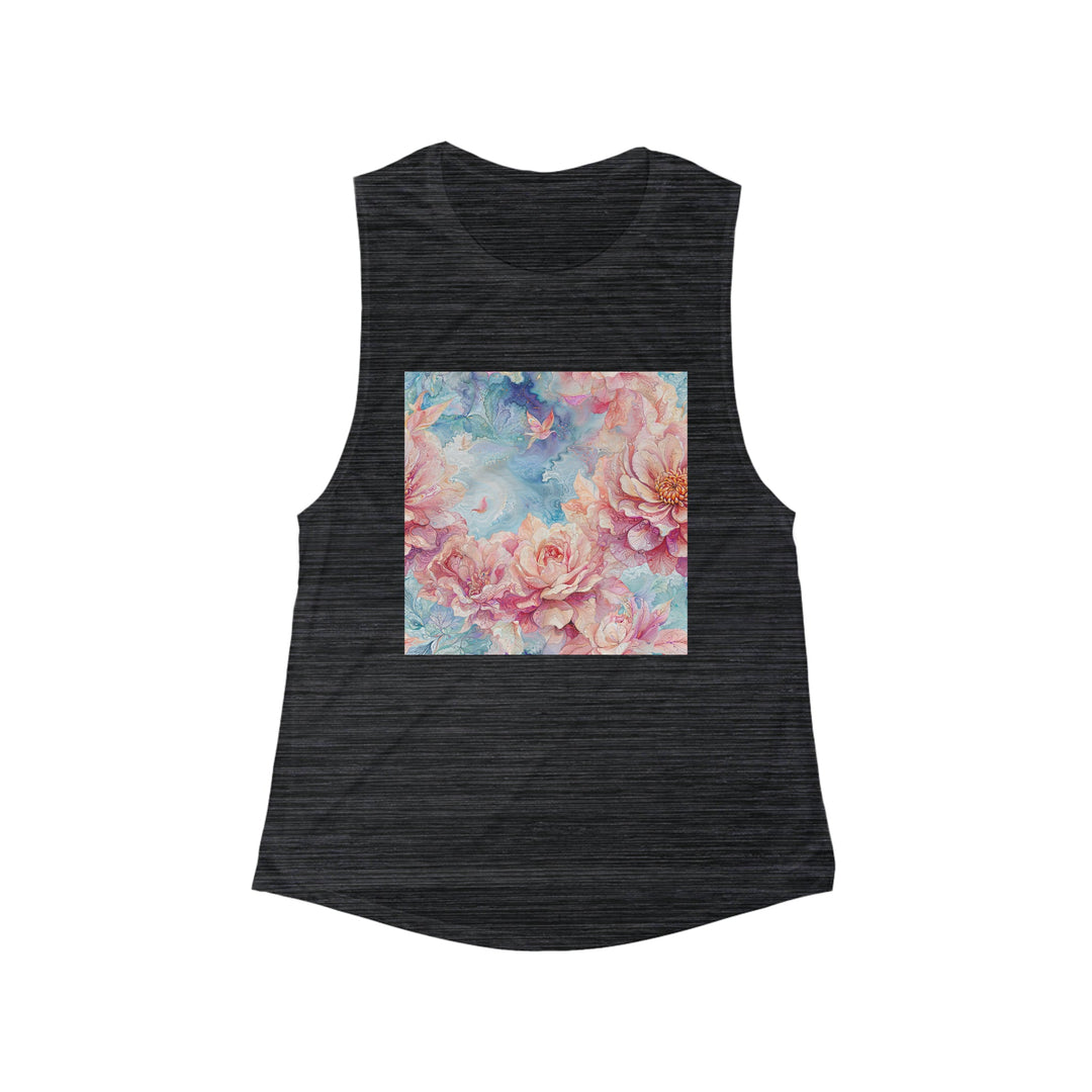 Ethereal Floral Whirl - Women's Flowy Scoop Muscle Tank - Tank Top - g(0D·IO) - S - Black Slub -