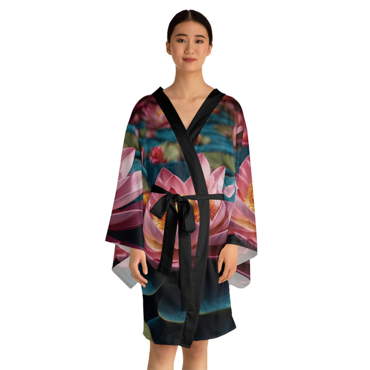 Ethereal Lotus Blossoms - Long Sleeve Kimono Robe - All Over Prints - g(0D·IO) - XS - Black -