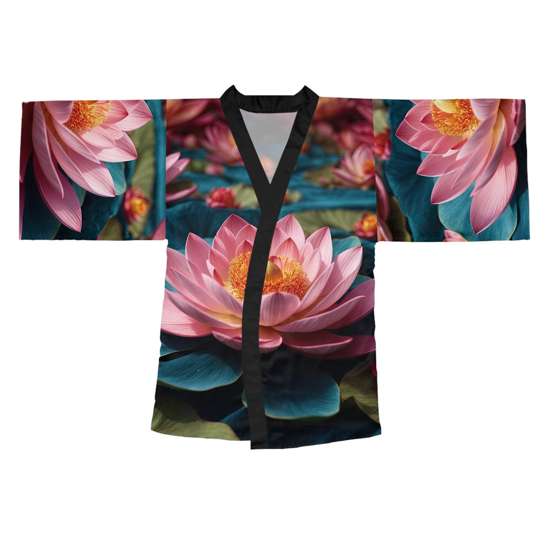 Ethereal Lotus Blossoms - Long Sleeve Kimono Robe - All Over Prints - g(0D·IO) - XS - Black -