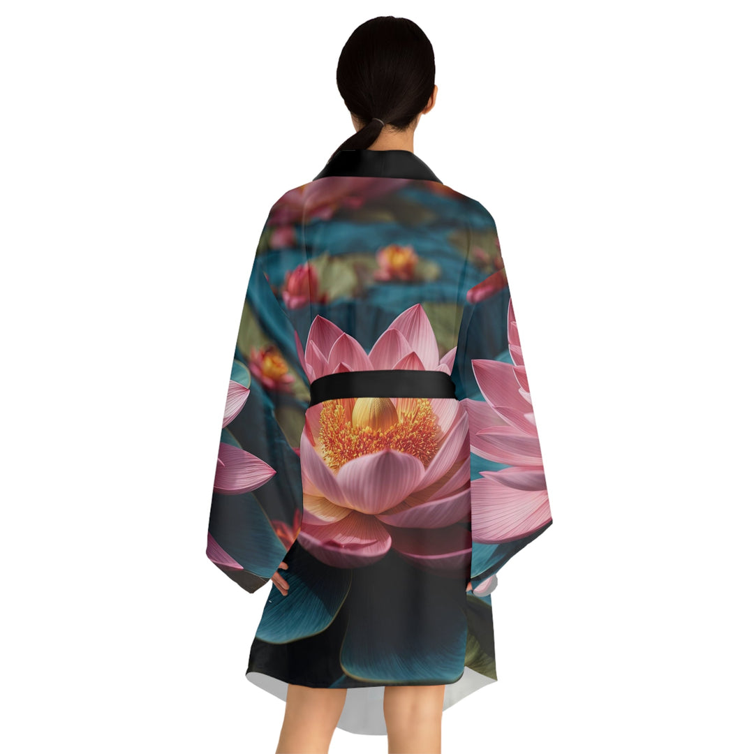 Ethereal Lotus Blossoms - Long Sleeve Kimono Robe - All Over Prints - g(0D·IO) - XS - Black -