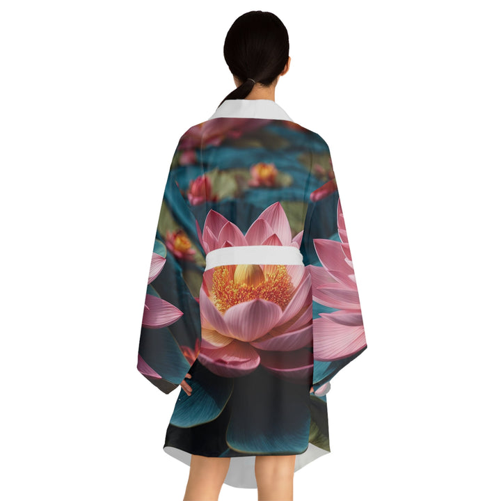 Ethereal Lotus Blossoms - Long Sleeve Kimono Robe - All Over Prints - g(0D·IO) - XS - Black -