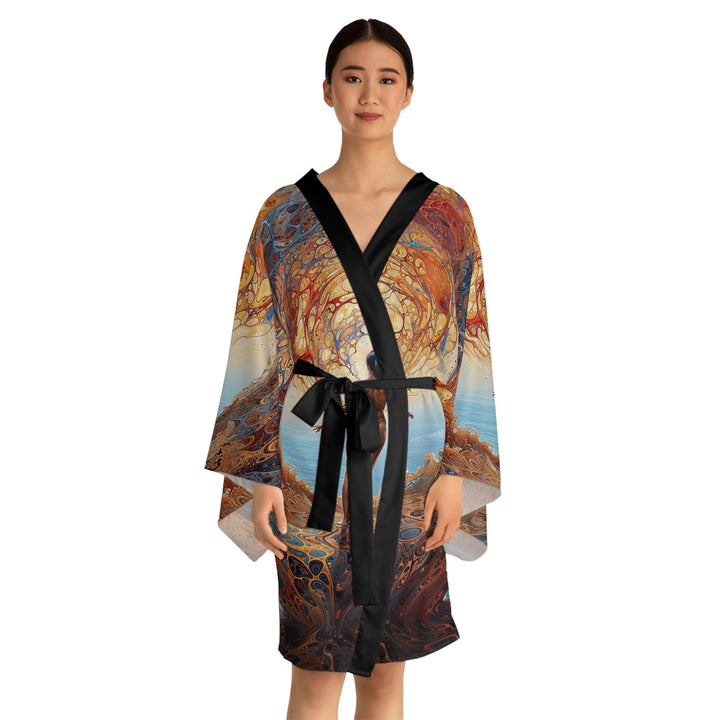 Ethereal Swirls Journey - Long Sleeve Kimono Robe - All Over Prints - g(0D·IO) - XS - Black -