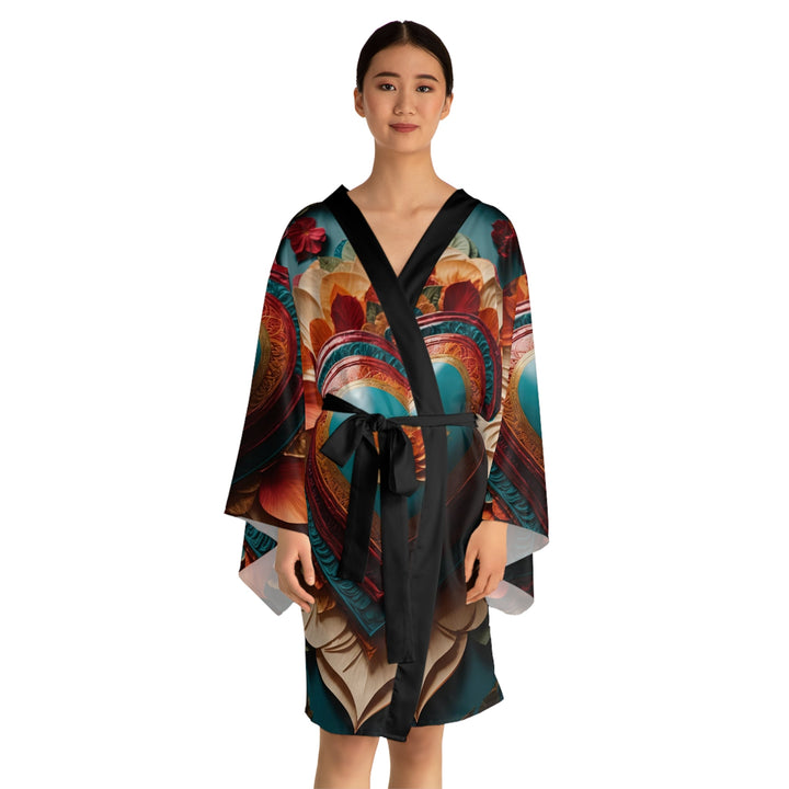 Floral Heart Embrace - Long Sleeve Kimono Robe - All Over Prints - g(0D·IO) - XS - Black -