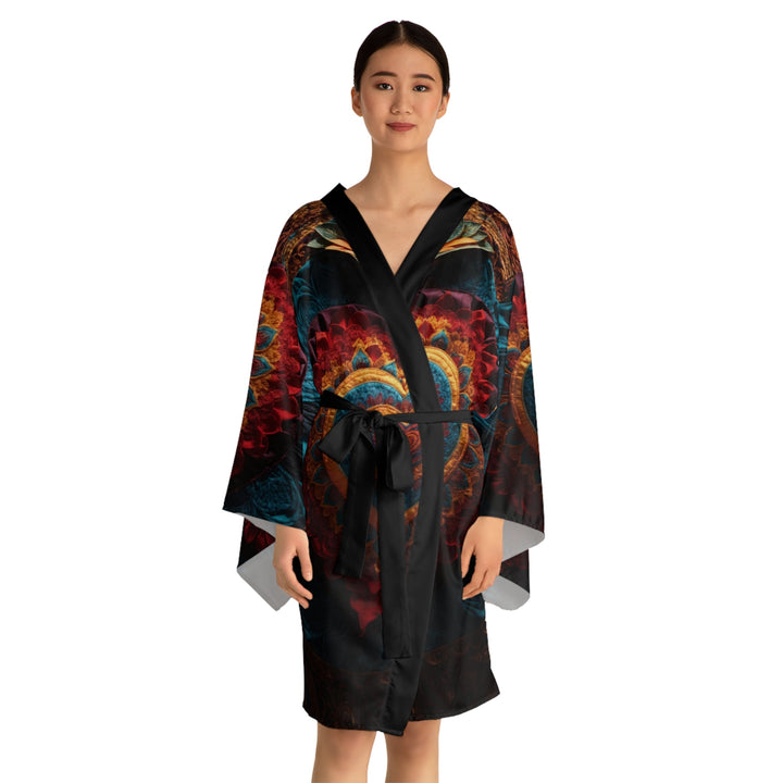 Floral Heart Tapestry - Long Sleeve Kimono Robe - All Over Prints - g(0D·IO) - XS - Black -