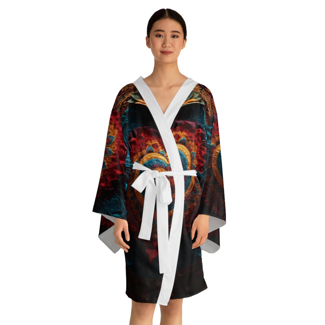 Floral Heart Tapestry - Long Sleeve Kimono Robe - All Over Prints - g(0D·IO) - XS - Black -