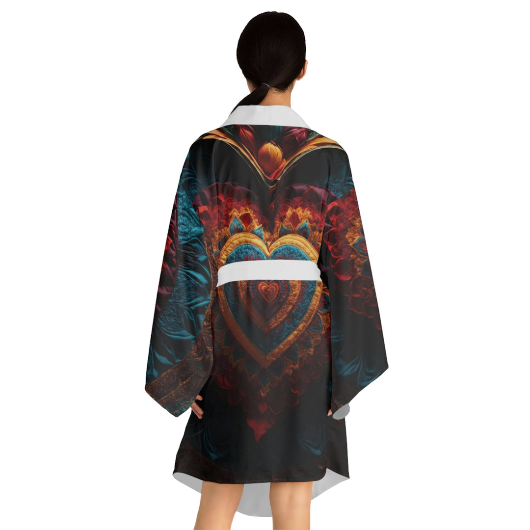 Floral Heart Tapestry - Long Sleeve Kimono Robe - All Over Prints - g(0D·IO) - XS - Black -