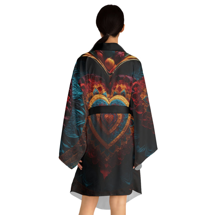 Floral Heart Tapestry - Long Sleeve Kimono Robe - All Over Prints - g(0D·IO) - XS - Black -