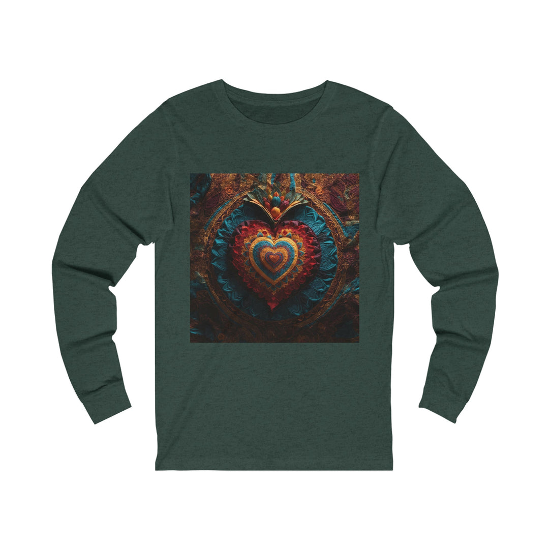 Floral Heart Tapestry - Unisex Jersey Long Sleeve Tee - Long-sleeve - g(0D·IO) - S - Heather Forest -