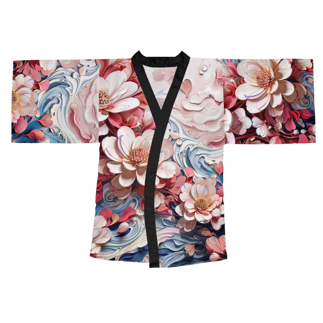 Floral Marble Whirls - Long Sleeve Kimono Robe - All Over Prints - g(0D·IO) - XS - Black -