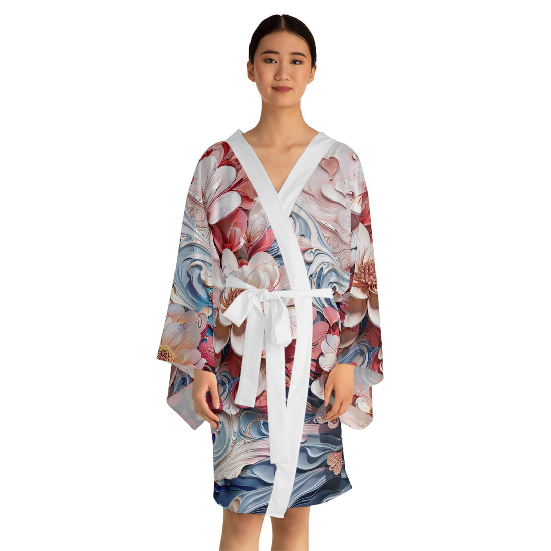 Floral Marble Whirls - Long Sleeve Kimono Robe - All Over Prints - g(0D·IO) - XS - Black -