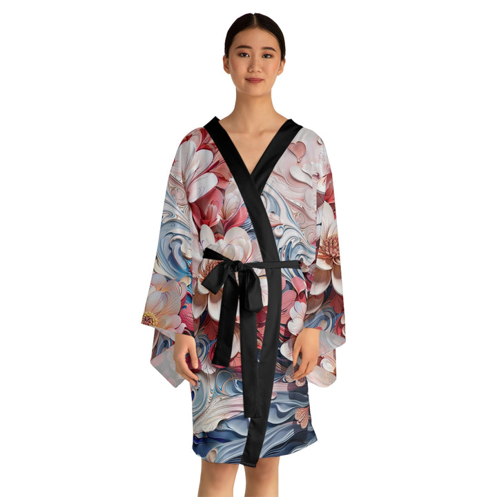 Floral Marble Whirls - Long Sleeve Kimono Robe - All Over Prints - g(0D·IO) - XS - Black -