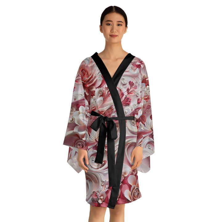 Floral Swirl Abundance - Long Sleeve Kimono Robe - All Over Prints - g(0D·IO) - XS - Black -