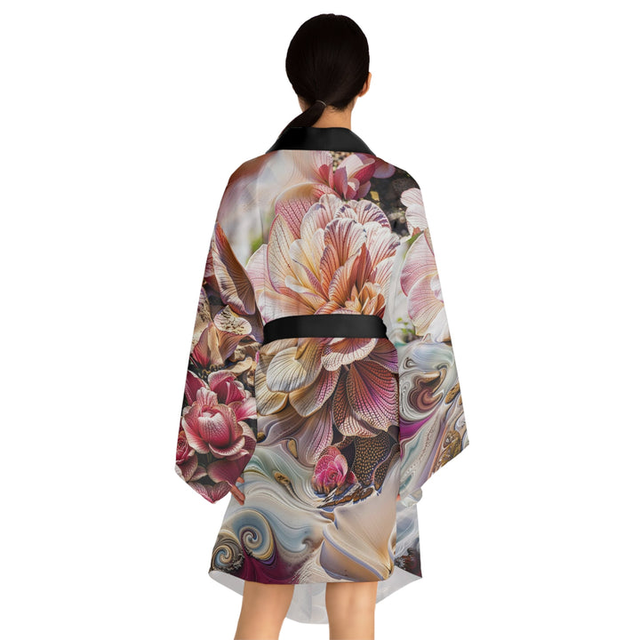 Floral Swirl Essence - Long Sleeve Kimono Robe - All Over Prints - g(0D·IO) - XS - Black -