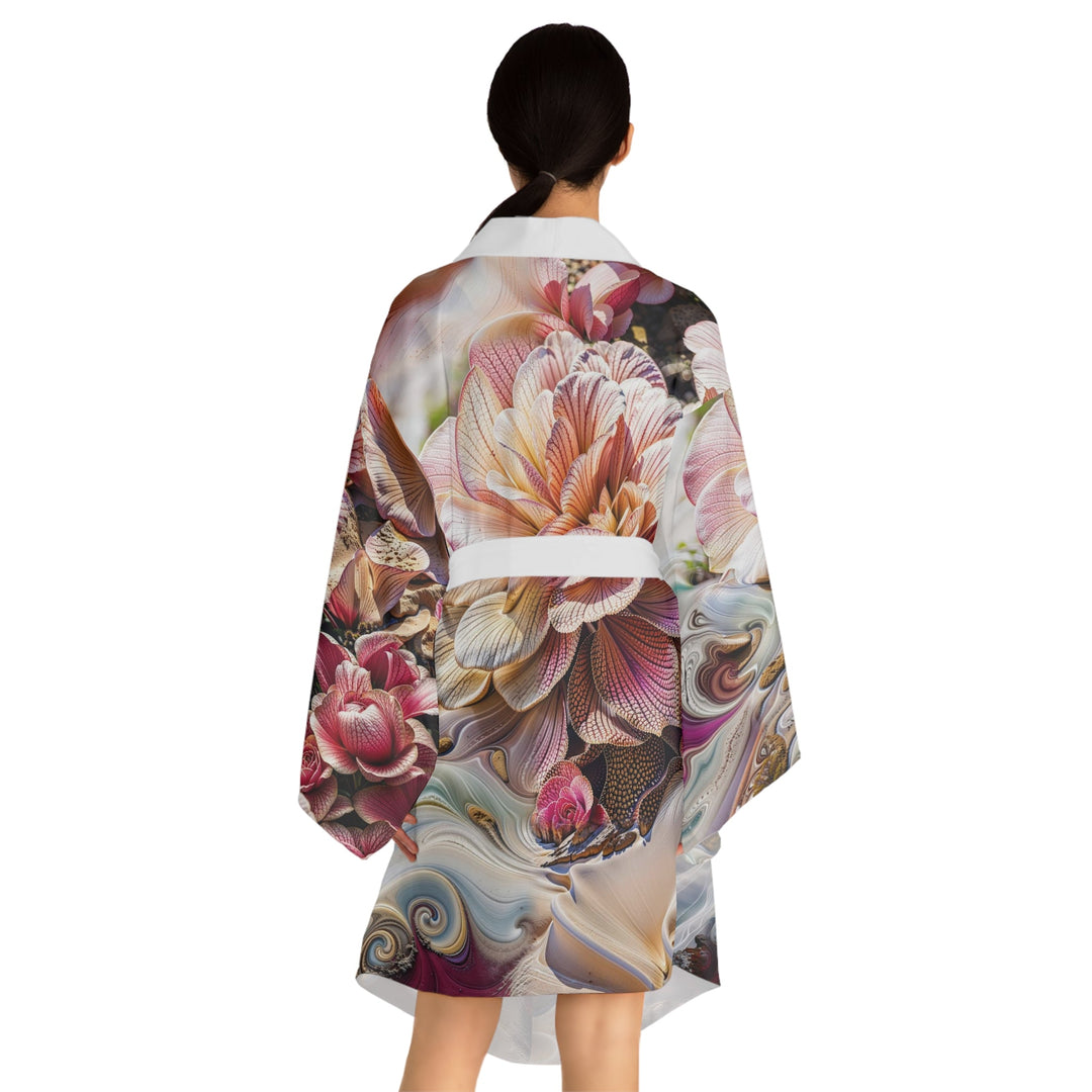 Floral Swirl Essence - Long Sleeve Kimono Robe - All Over Prints - g(0D·IO) - XS - Black -