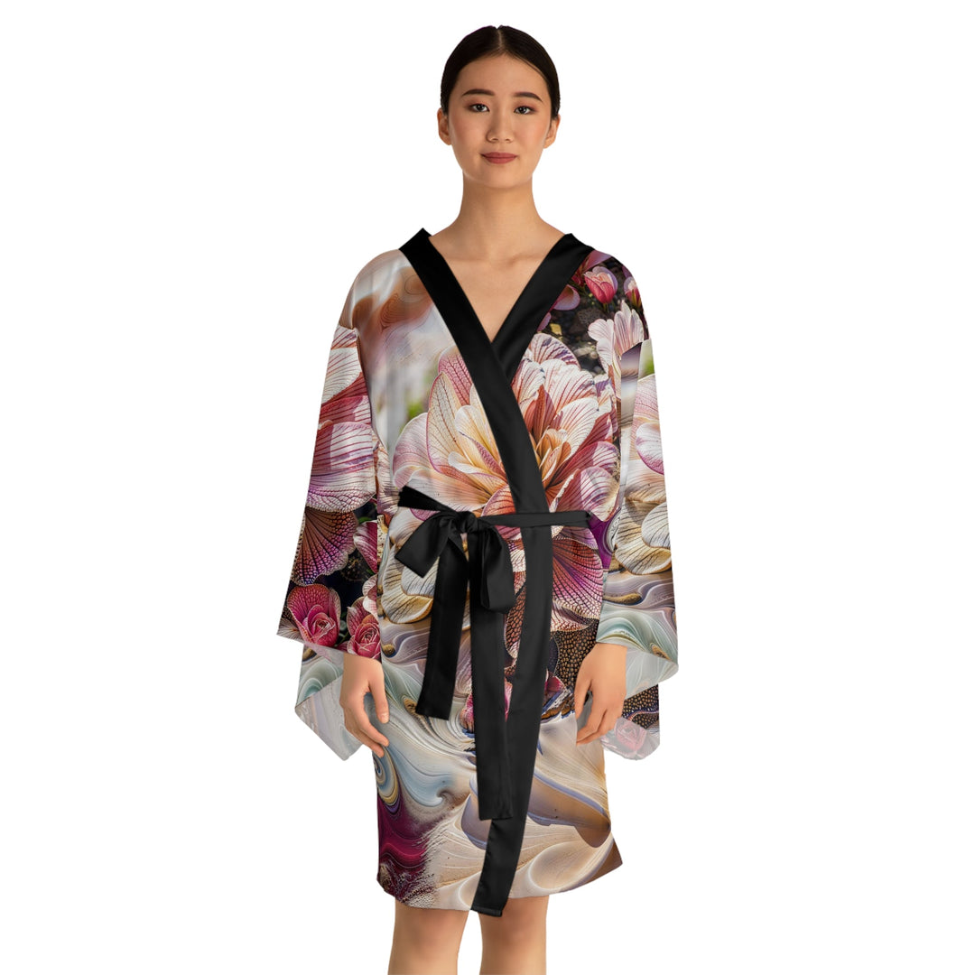 Floral Swirl Essence - Long Sleeve Kimono Robe - All Over Prints - g(0D·IO) - XS - Black -