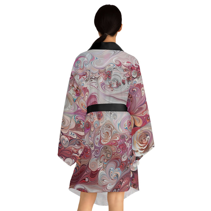 Floral Swirl Symphony - Long Sleeve Kimono Robe - All Over Prints - g(0D·IO) - XS - Black -