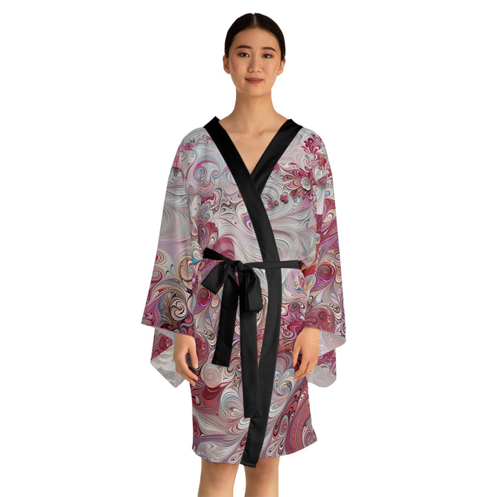 Floral Swirl Symphony - Long Sleeve Kimono Robe - All Over Prints - g(0D·IO) - XS - Black -