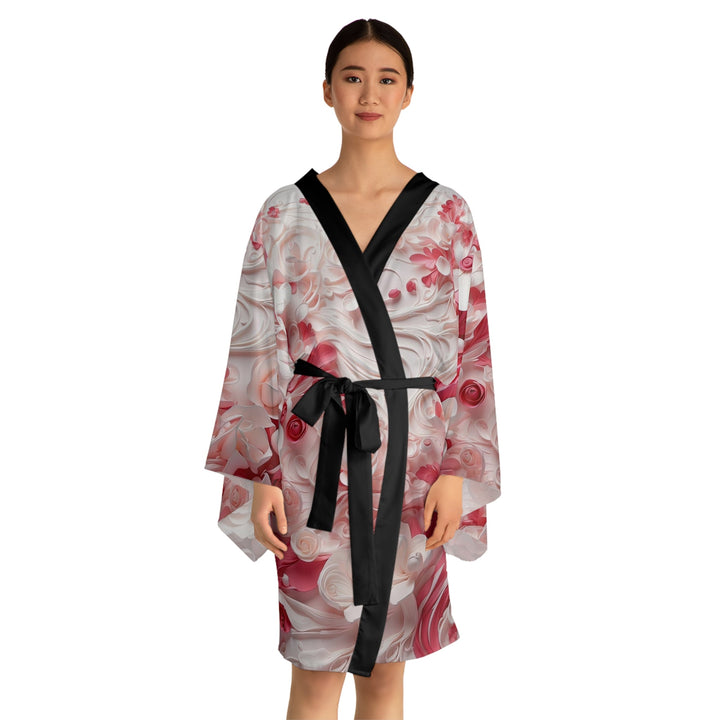 Floral Swirls Abstraction - Long Sleeve Kimono Robe - All Over Prints - g(0D·IO) - XS - Black -