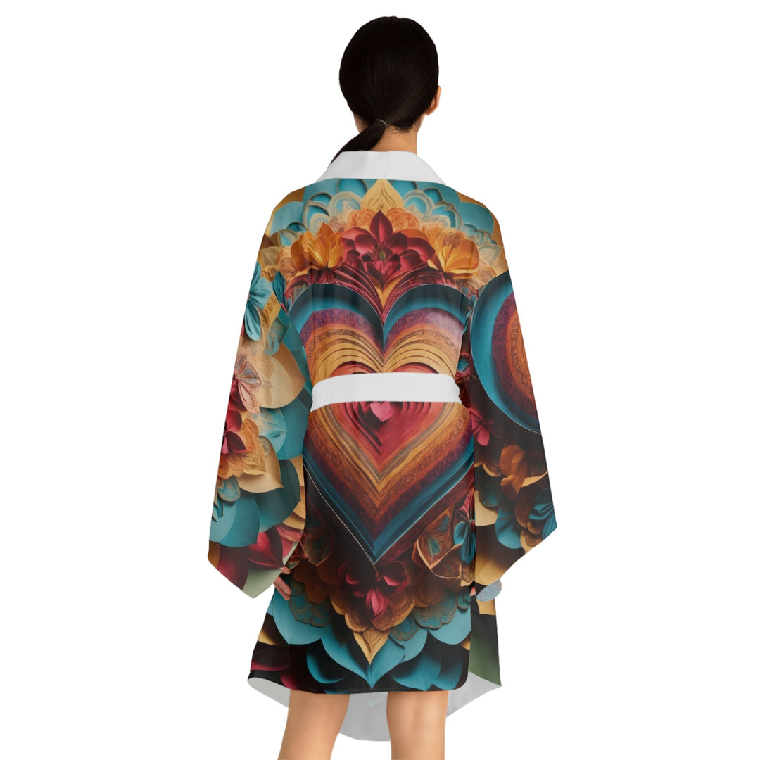 Infinite Layered Heart - Long Sleeve Kimono Robe - All Over Prints - g(0D·IO) - XS - Black -