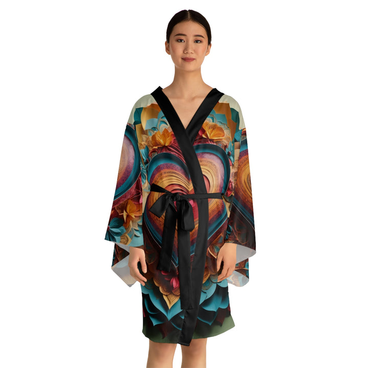 Infinite Layered Heart - Long Sleeve Kimono Robe - All Over Prints - g(0D·IO) - XS - Black -