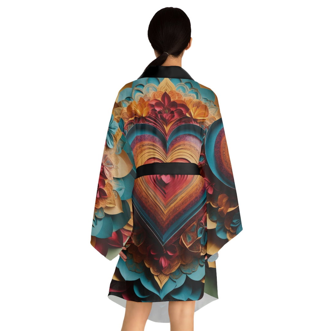 Infinite Layered Heart - Long Sleeve Kimono Robe - All Over Prints - g(0D·IO) - XS - Black -