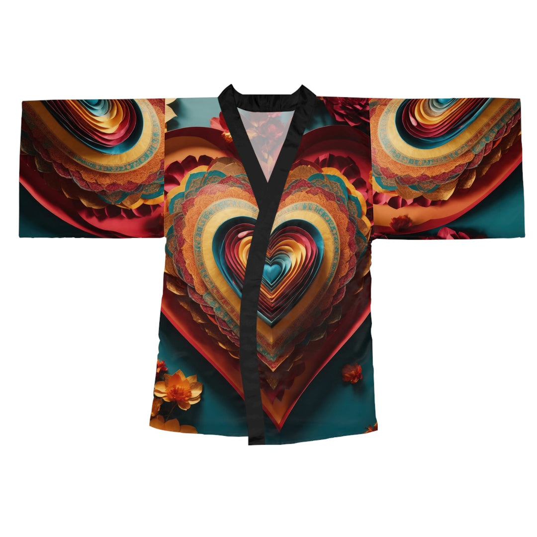 Infinite Layered Hearts - Long Sleeve Kimono Robe - All Over Prints - g(0D·IO) - XS - Black -