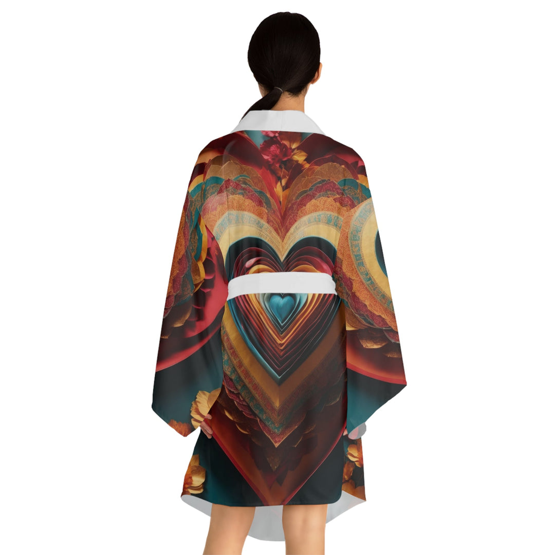 Infinite Layered Hearts - Long Sleeve Kimono Robe - All Over Prints - g(0D·IO) - XS - Black -