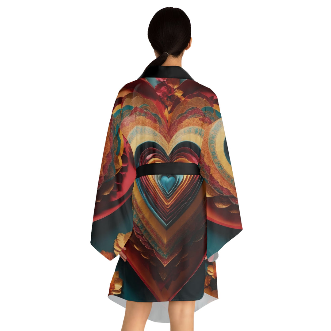 Infinite Layered Hearts - Long Sleeve Kimono Robe - All Over Prints - g(0D·IO) - XS - Black -