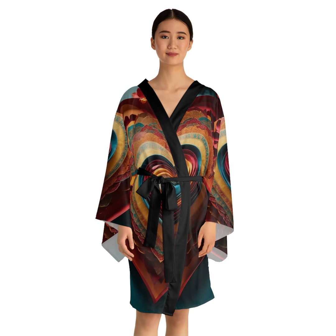 Infinite Layered Hearts - Long Sleeve Kimono Robe - All Over Prints - g(0D·IO) - XS - Black -