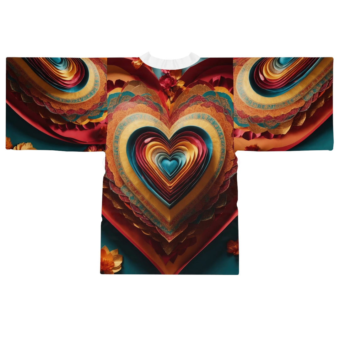 Infinite Layered Hearts - Long Sleeve Kimono Robe - All Over Prints - g(0D·IO) - XS - Black -